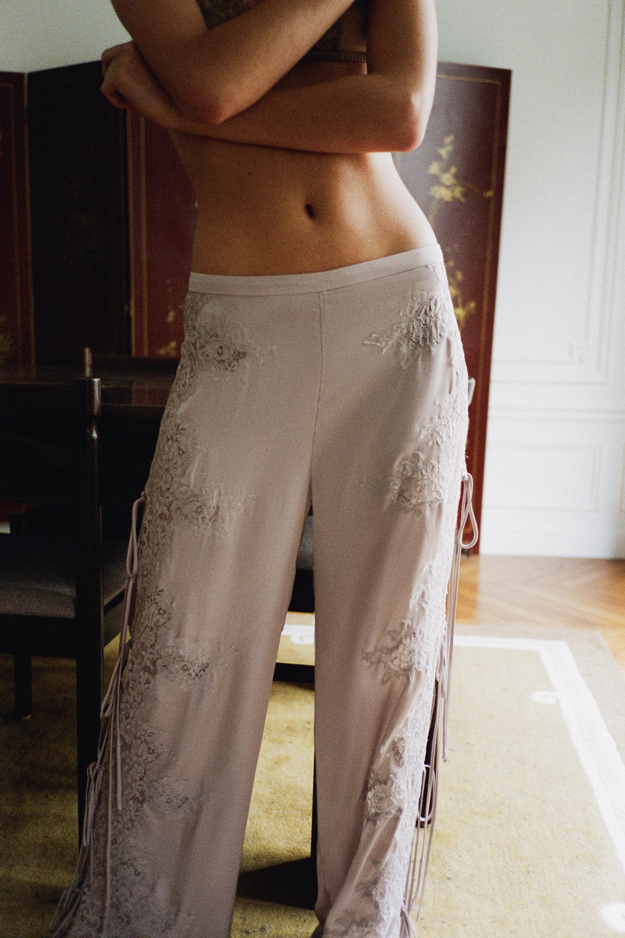 SATIN EFFECT LACE PANTS WITH VENTS